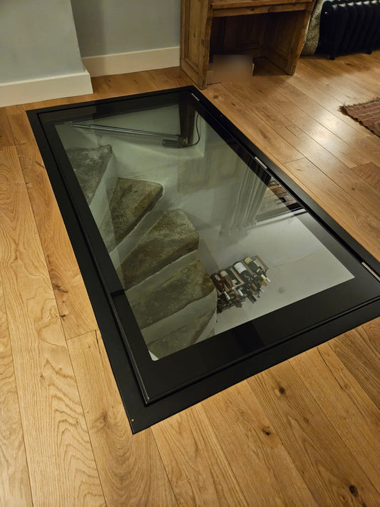 Electric Hinged Wine Cellar Door | Motorized Glass Floor Hatch UK | Glass Floor Systems